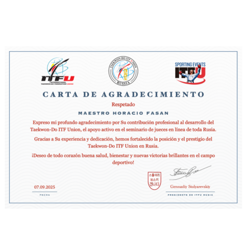 Carta de agradecimiento para el Maestro Horacio Fasan
