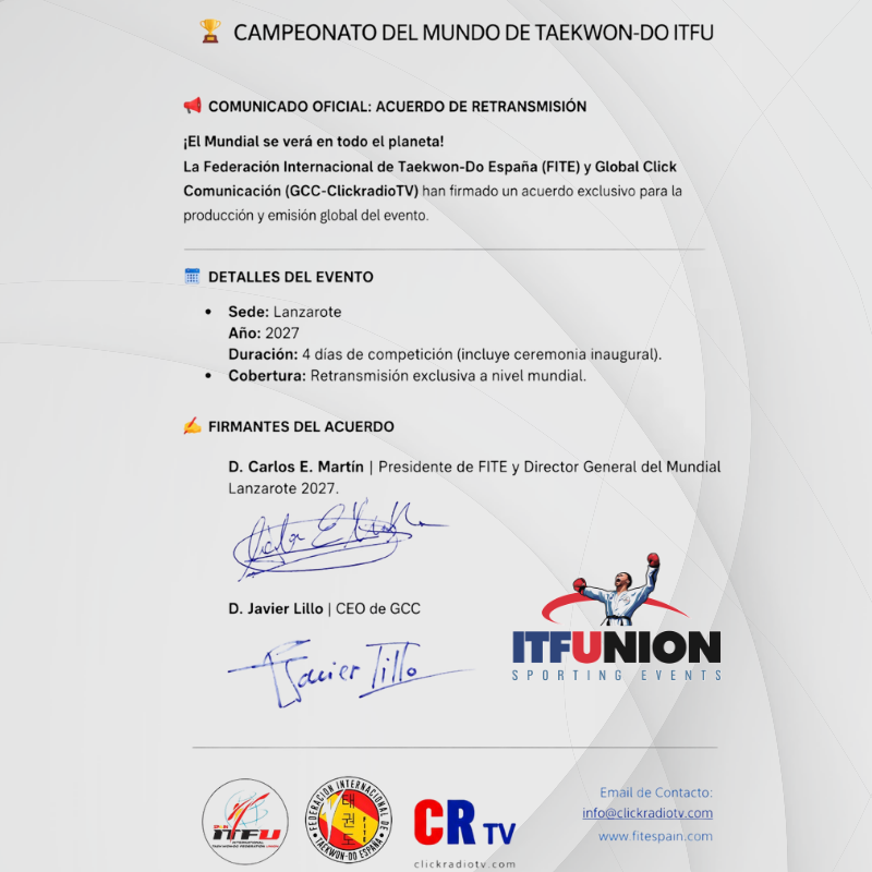 El Campeonato del Mundo de Taekwon-Do ITFU llegará a Lanzarote en 2027 con cobertura global